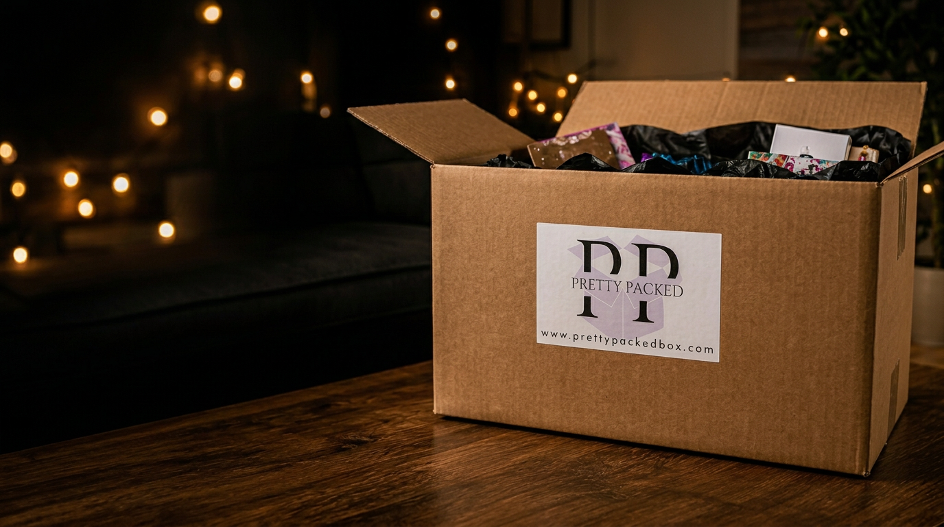 A large Pretty Packed Box filled with wrapped mystery finds on a dark wooden table with warm string lights
